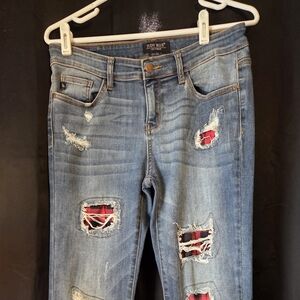 Judy Blue Distressed Blue Jeans with Red Plaid